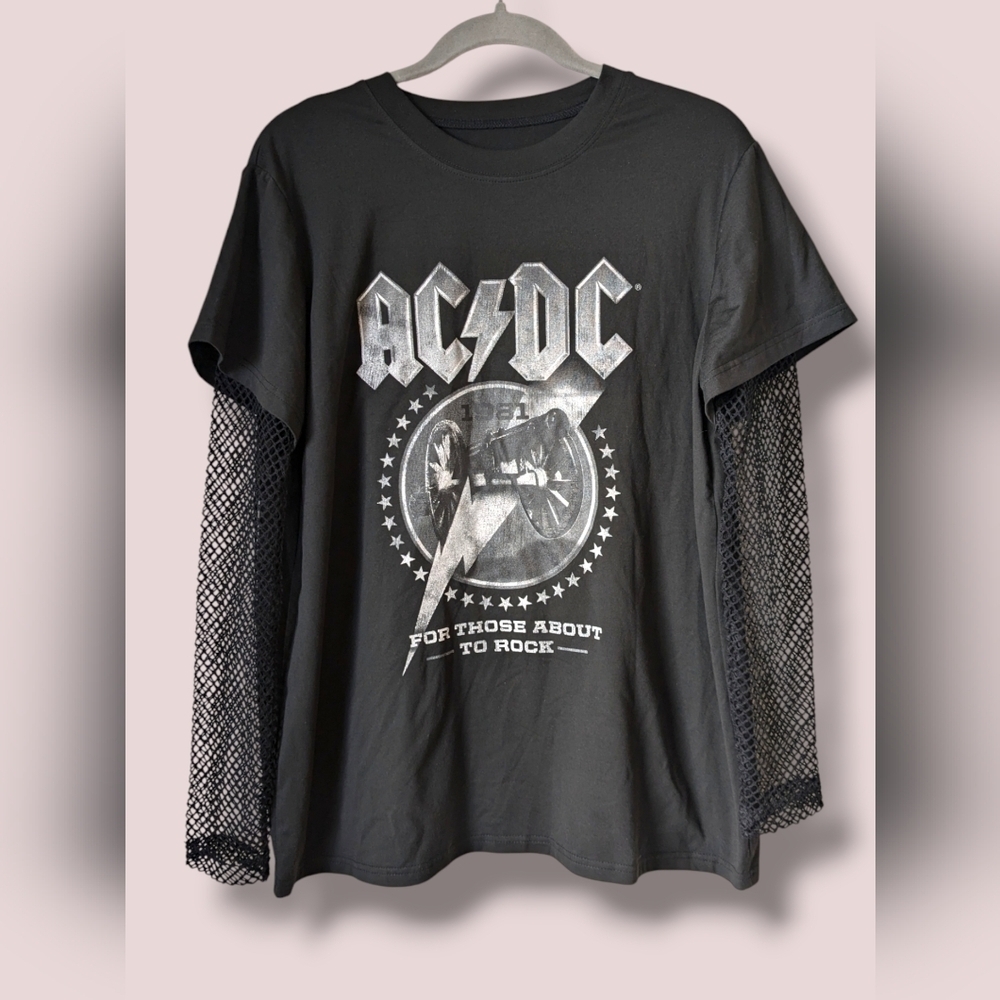 ACDC Rock Band Cut-Out Long Sleeve Graphic Shirt Punk Grunge 80s Retro